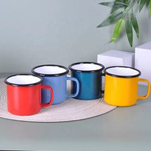 Customized Logo 350ml 500ml Creative Enamel Mugs Metal Enamel Cup Coffee Camping Mugs With Blue Rim